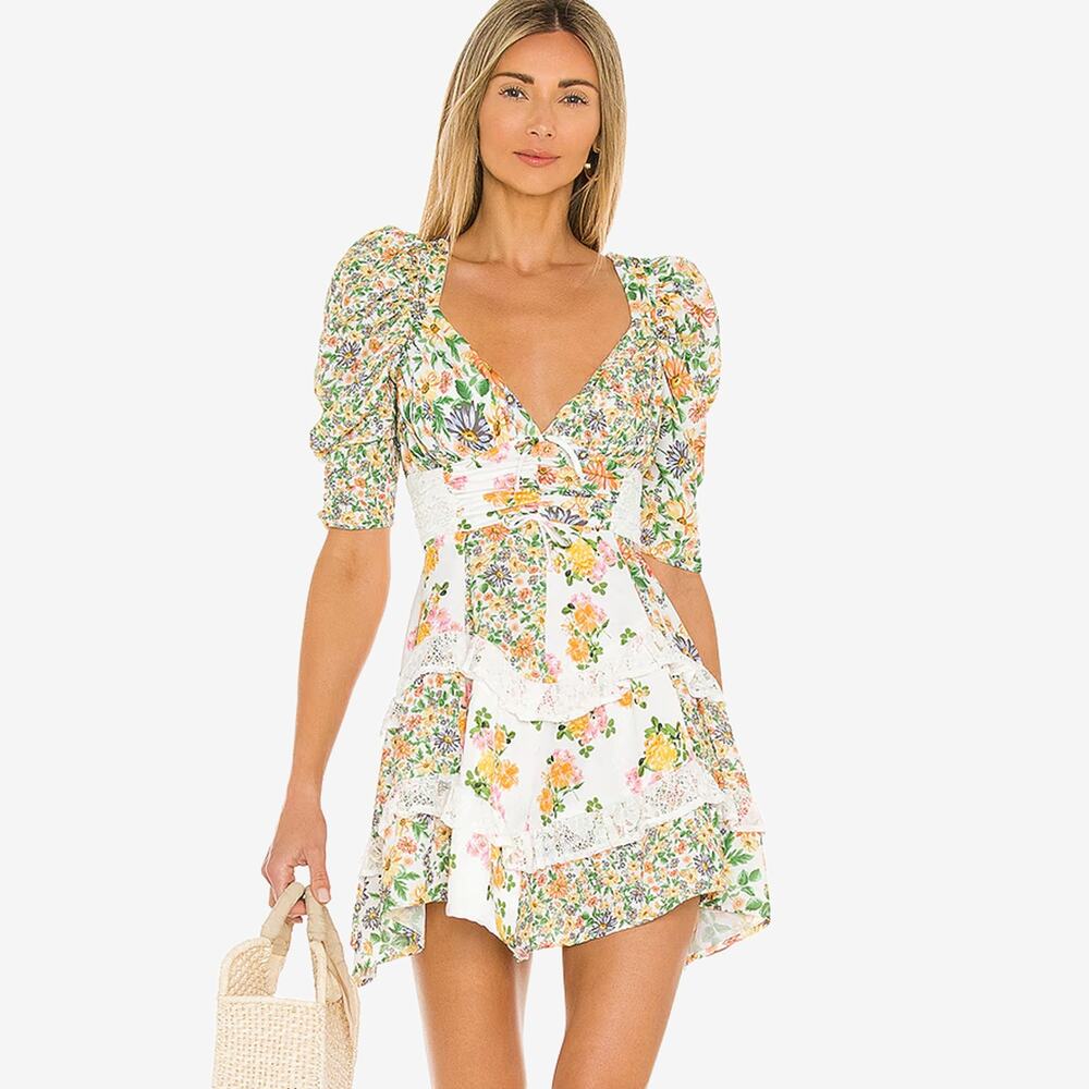 For Love & Lemons Rosalyn Mini Dress Medium Floral Lace Ruched Girlcore Revolve